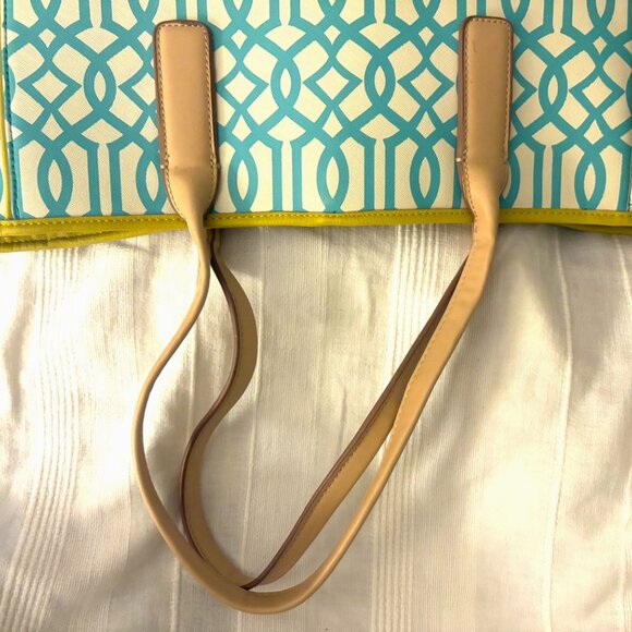 Kate Landry Tote "Like New" Teal/Yellow/White Lattice Design Gold Hardware - Picture 10 of 12